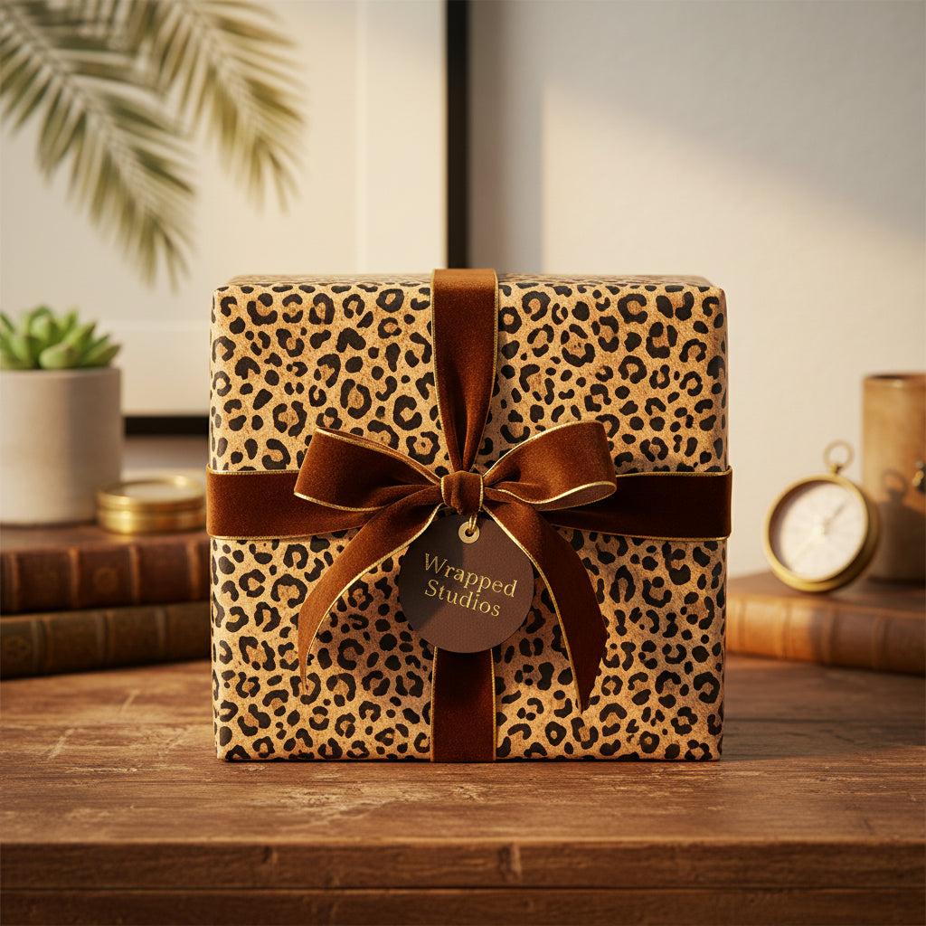 Elegant gift wrapped in animal print wrapping paper with brown velvet ribbon.