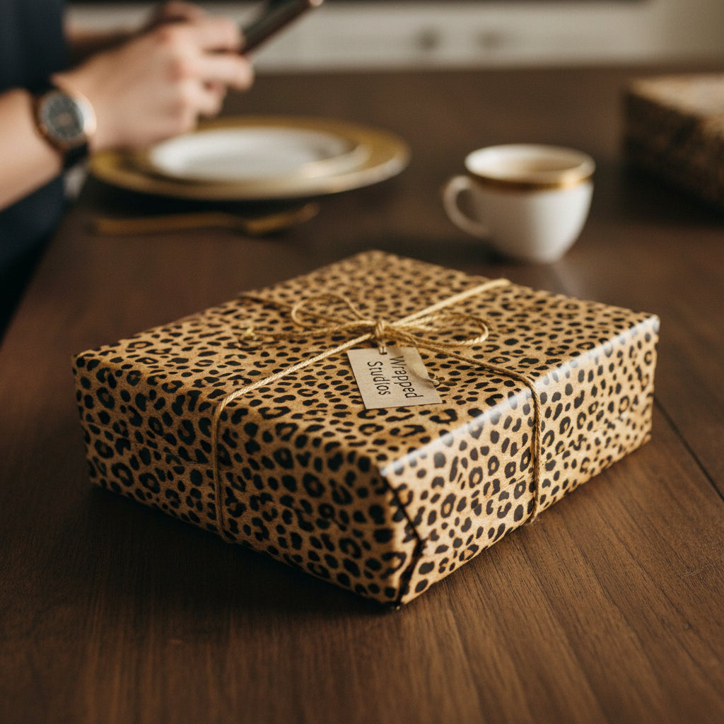 Leopard print gift wrapped in twine, a trendy gift wrap for birthdays or special occasions.