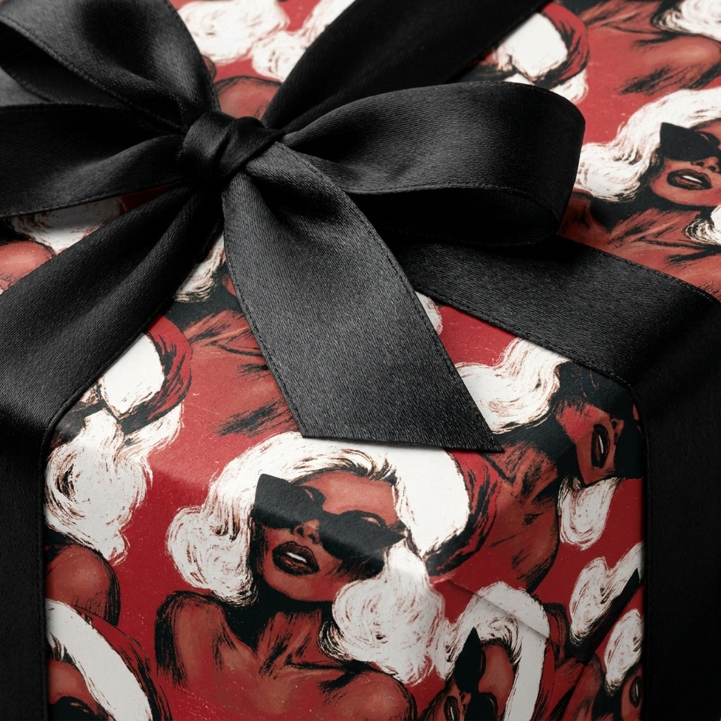 Retro glam Christmas wrapping paper with illustrated Black women and a black satin bow by Wrapped Studios.
