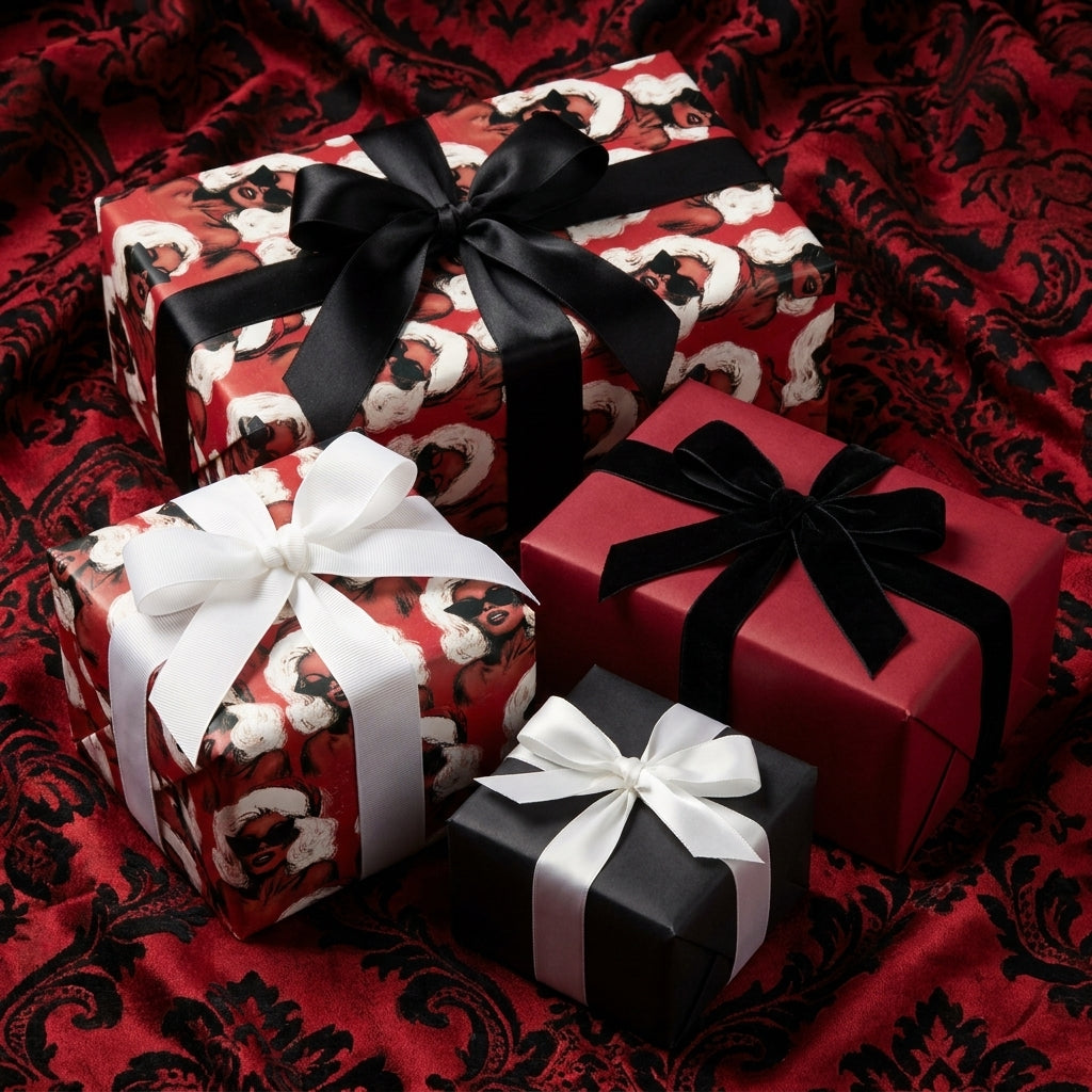 Luxury Black Santa Christmas wrapping paper on elegant gift boxes with satin bows by Wrapped Studios.