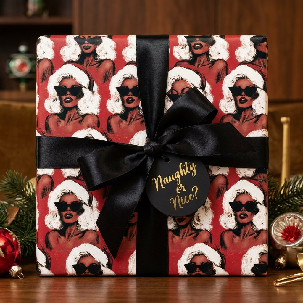 Retro Black Mrs. Claus Christmas wrapping paper with a black satin bow by Wrapped Studios.