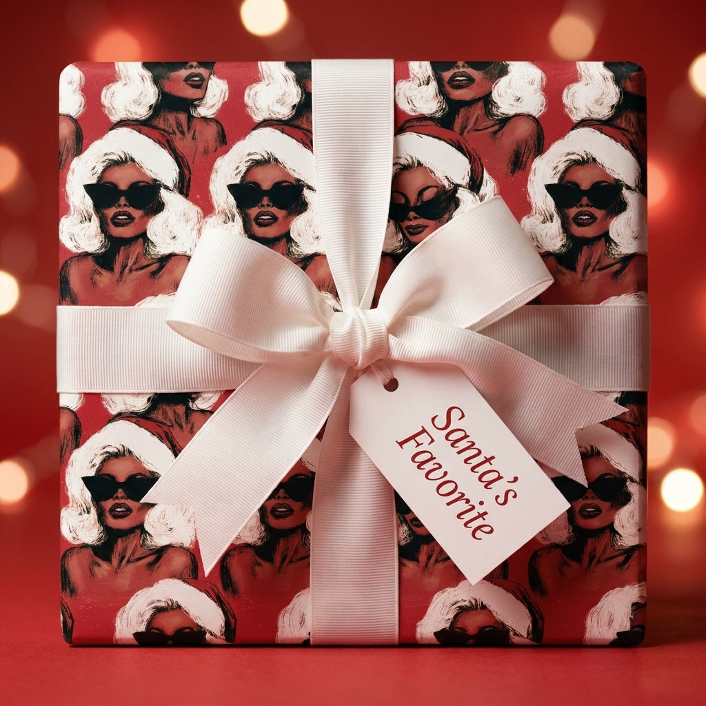 Retro Christmas wrapping paper with glam Black women in Santa hats and a white bow by Wrapped Studios.