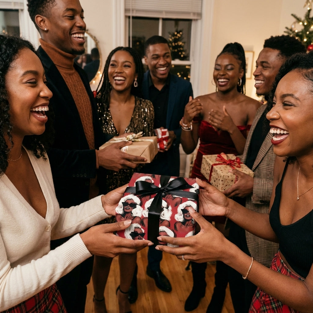 Friends exchanging holiday gifts in retro chic Christmas wrapping paper with black bow by Wrapped Studios.