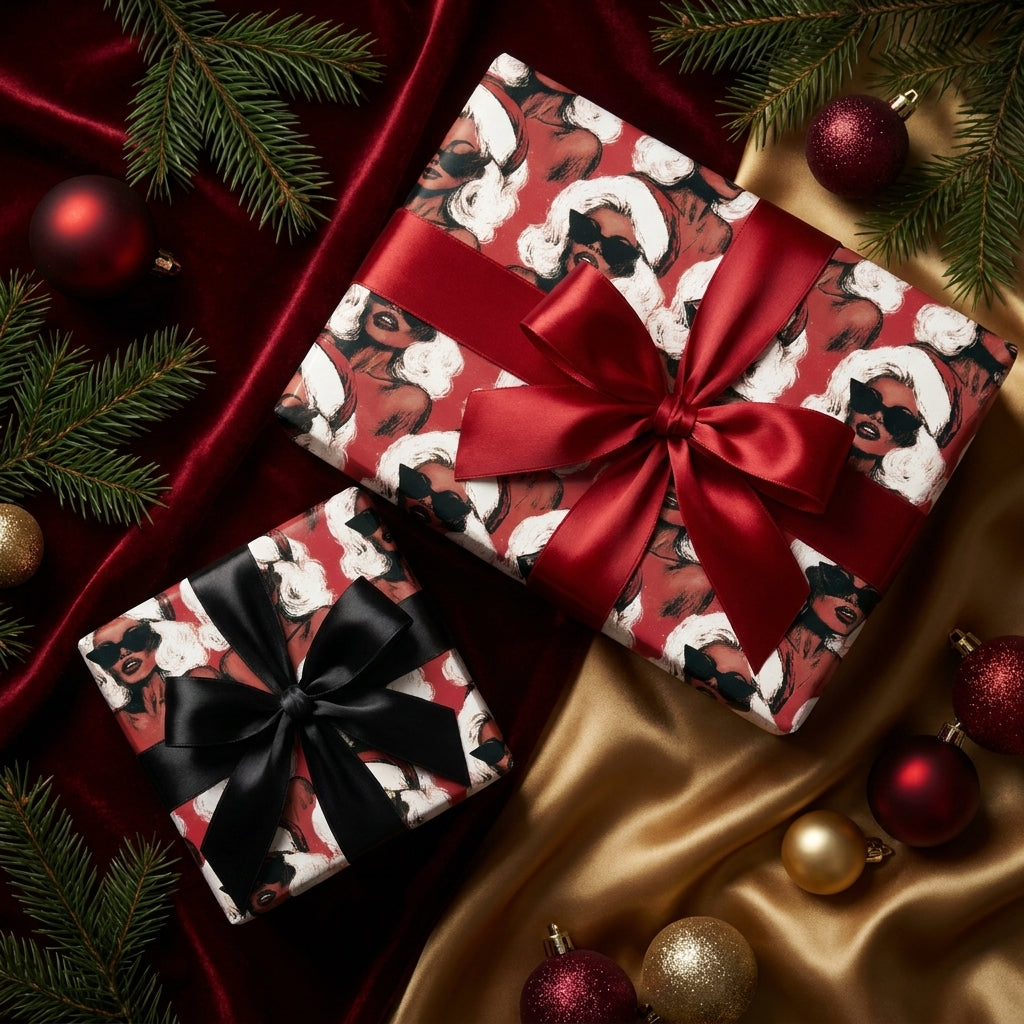 Luxury Black Santa wrapping paper on Christmas gift boxes with satin bows, by Wrapped Studios.