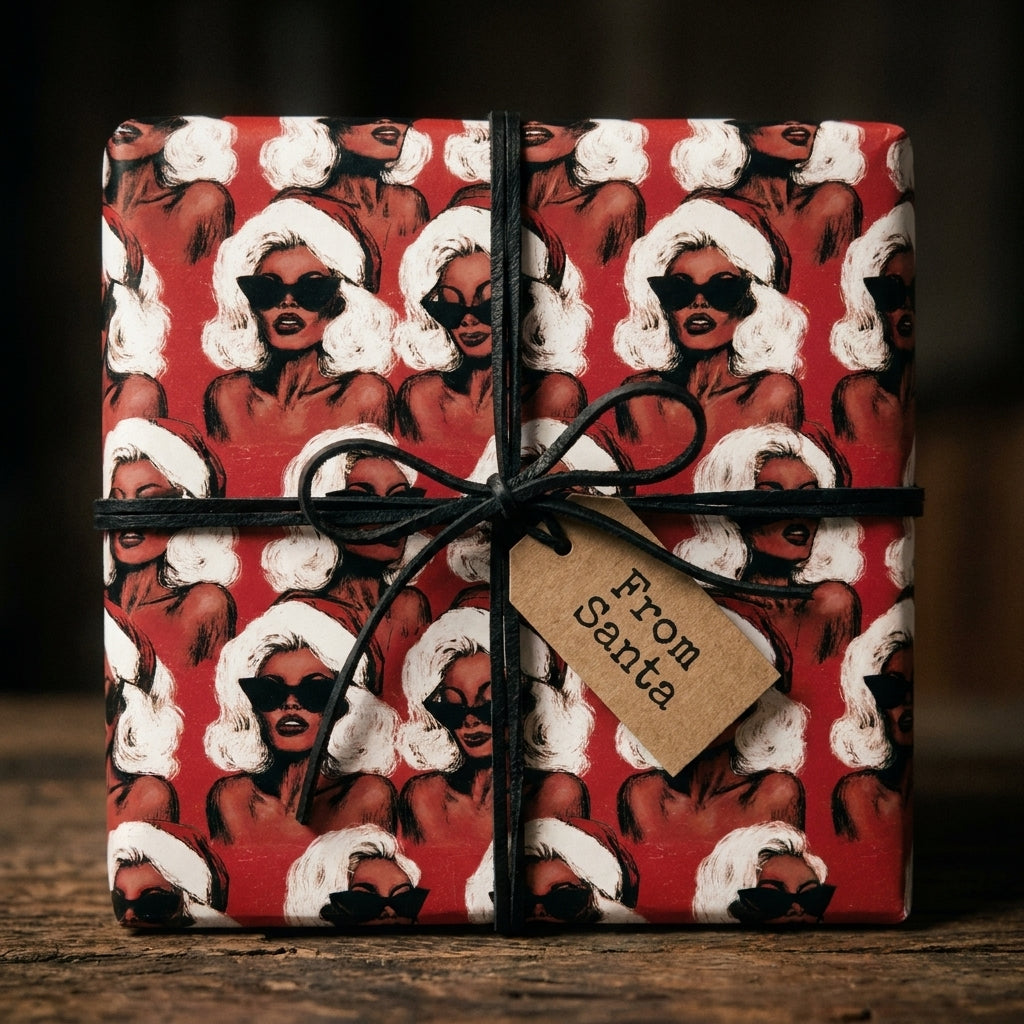 Chic retro Black Santa Christmas wrapping paper on a gift box by Wrapped Studios.