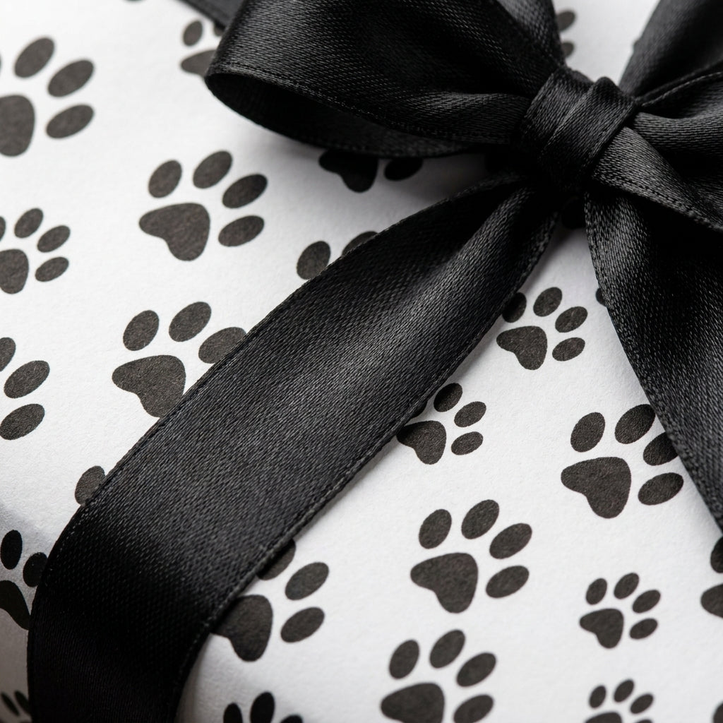 Dog paw print wrapping paper with a black satin bow on a gift box by Wrapped Studios.