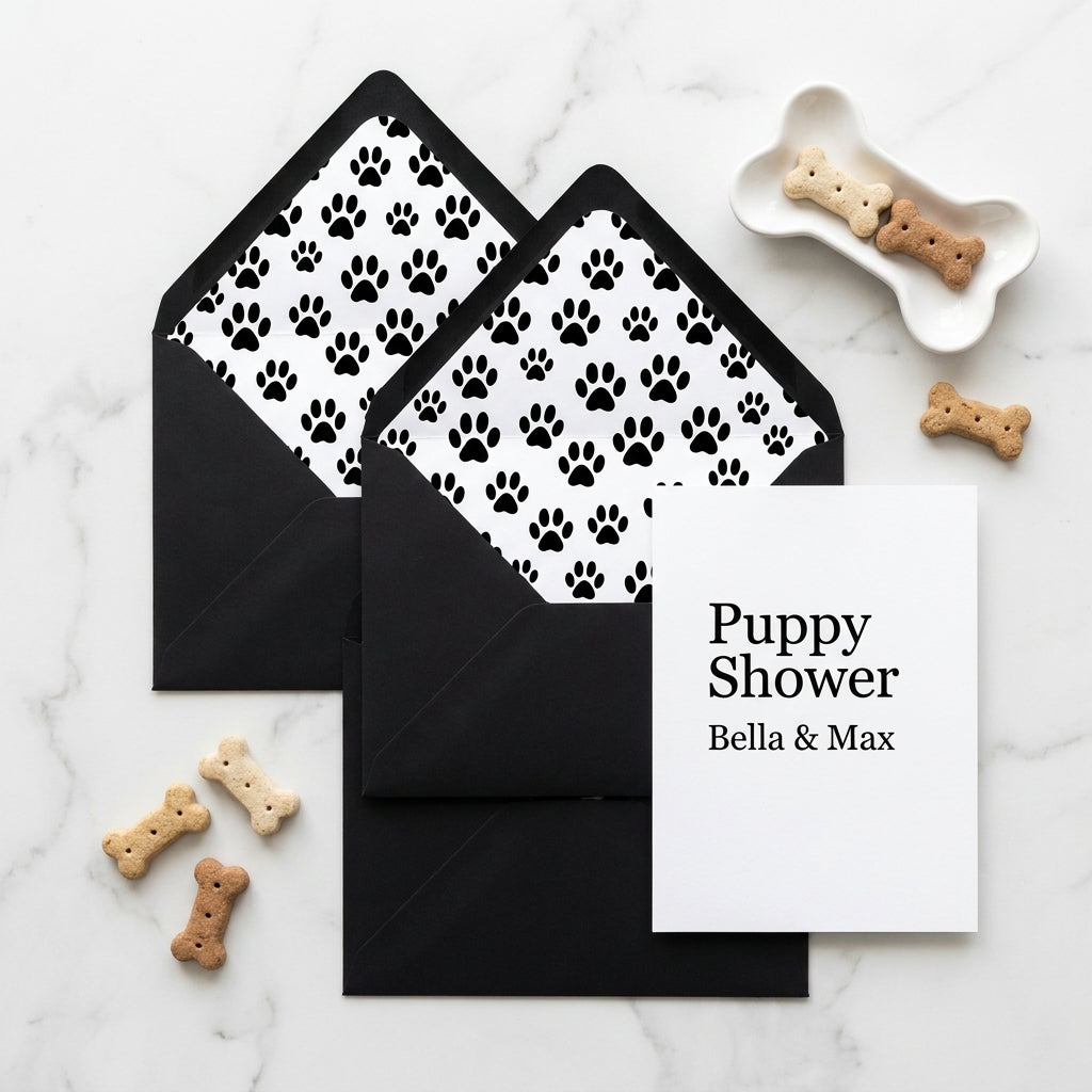 Black paw print envelope liners with puppy shower invitation card by Wrapped Studios.