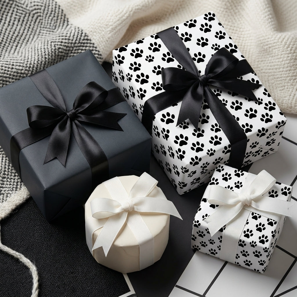 Black and white paw print wrapping paper on gift boxes with satin bows by Wrapped Studios.