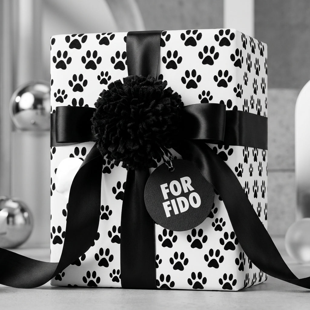 Dog paw print wrapping paper by Wrapped Studios on a gift with a black satin bow and "For Fido" tag.