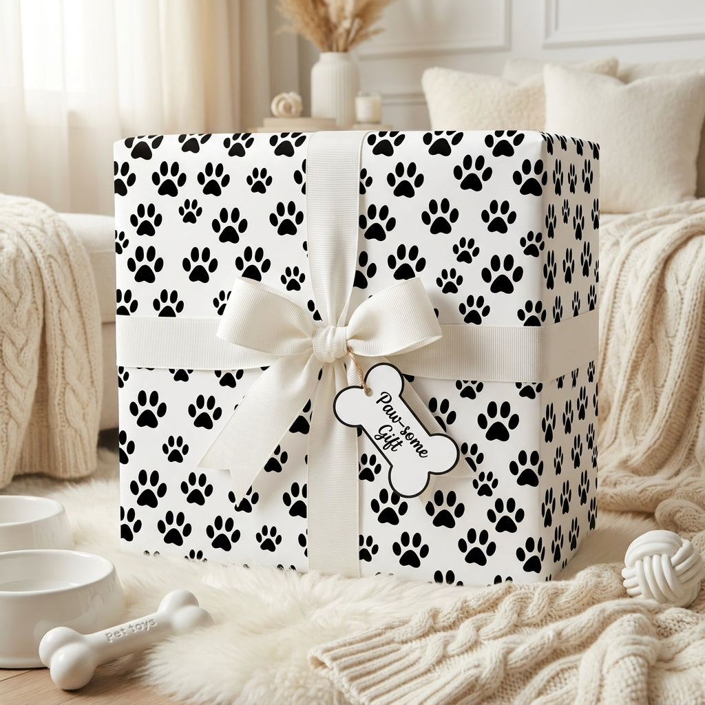 Black and white dog paw print wrapping paper with a white ribbon and bone tag by Wrapped Studios.