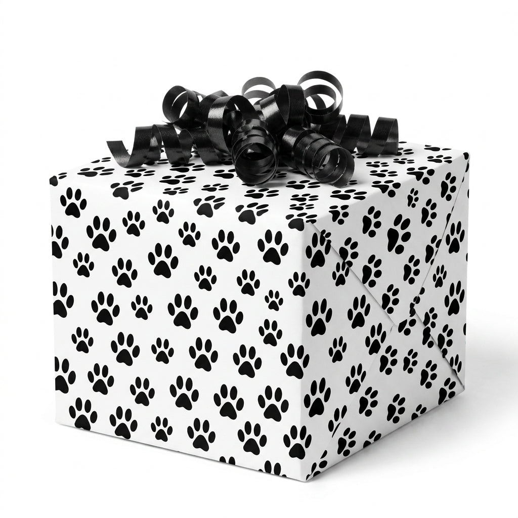Black and white dog paw print wrapping paper on a gift box with a black curly bow by Wrapped Studios.
