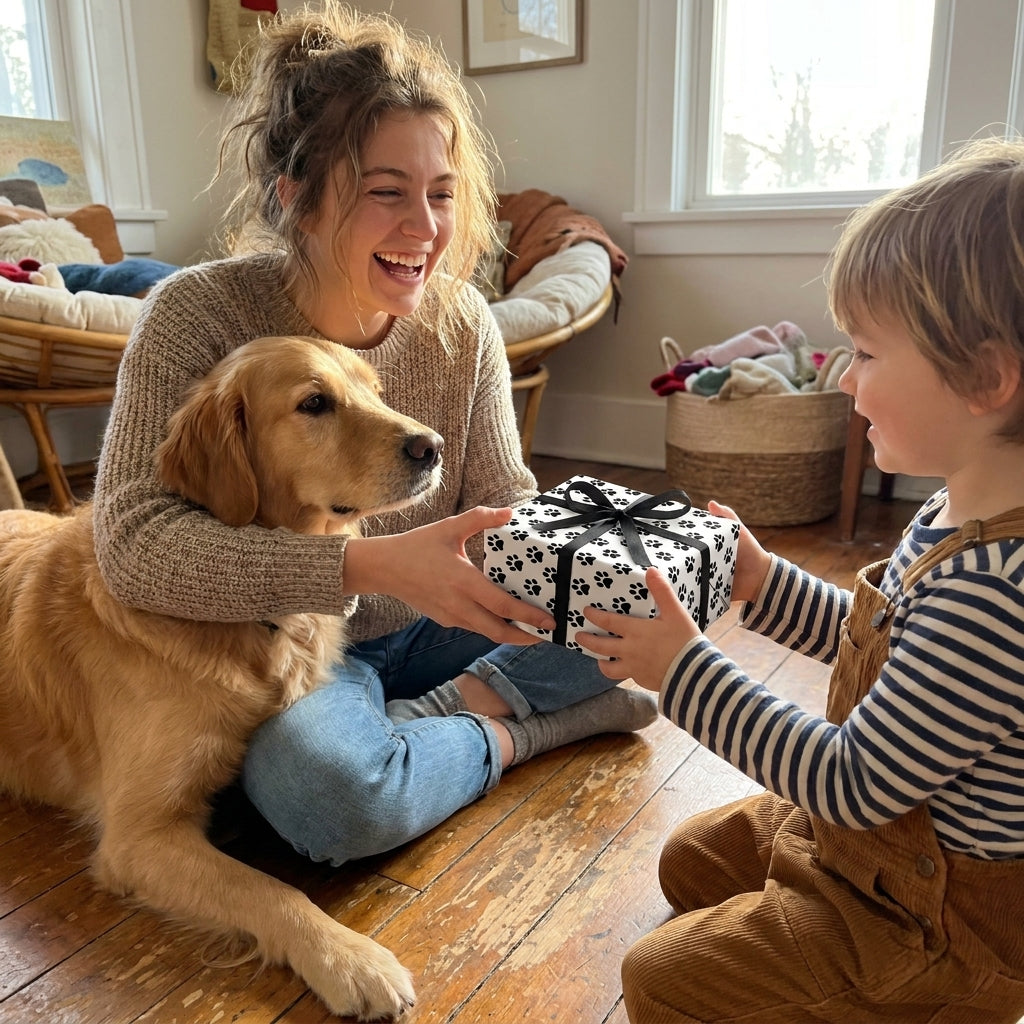 Child receiving a gift in black dog paw print wrapping paper from a woman and golden retriever. Wrapped Studios.