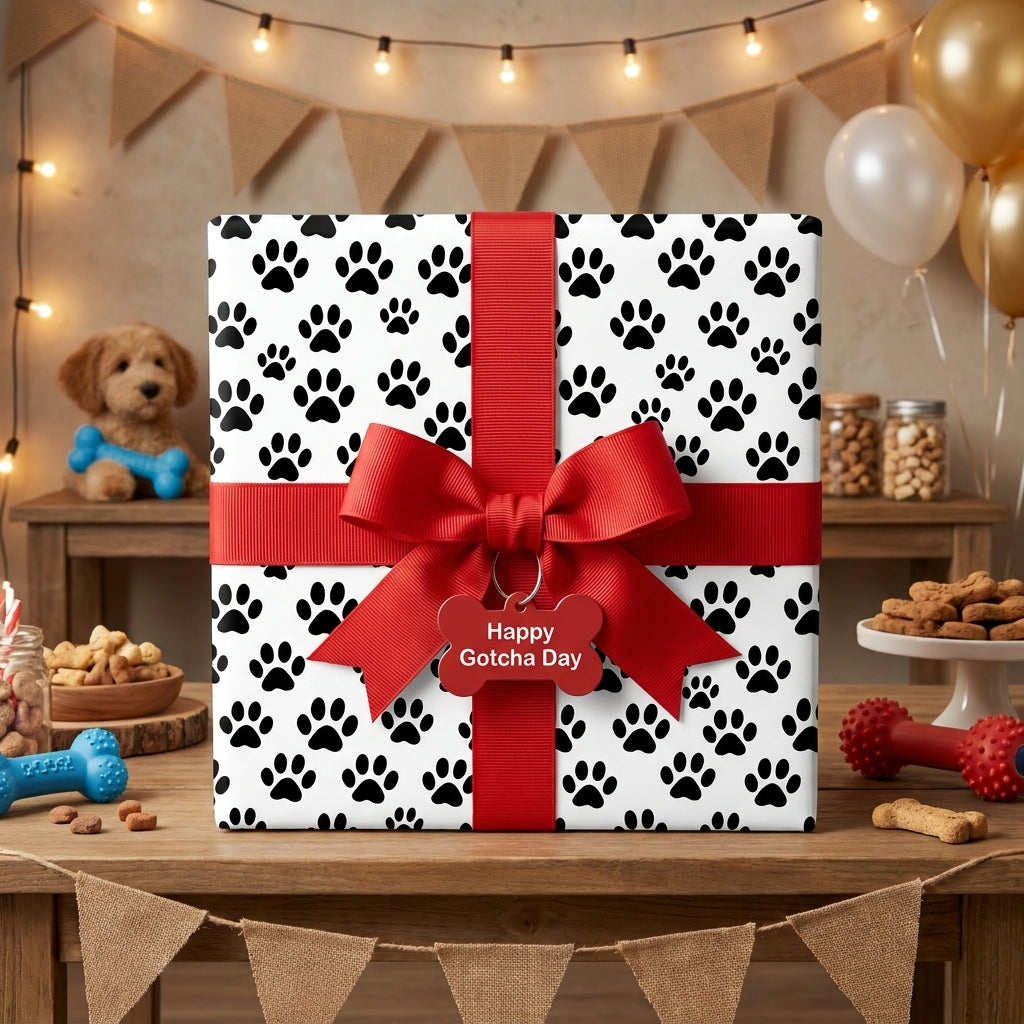 Dog paw print wrapping paper with red bow for pet birthday and gotcha day gifts by Wrapped Studios.