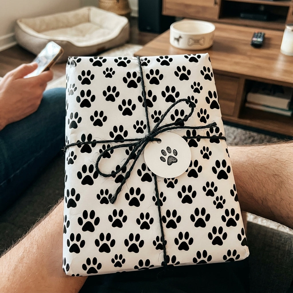 Cute dog paw print wrapping paper by Wrapped Studios tied with a black twine bow.