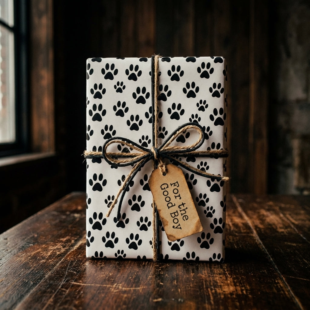 Dog paw print wrapping paper with rustic twine bow and gift tag on wood table by Wrapped Studios.