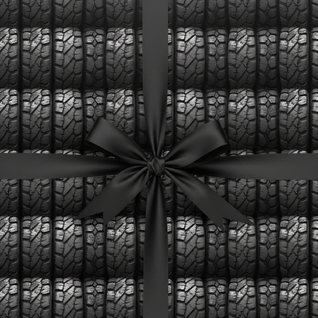 Novelty gift wrap with a tire tread pattern and a black satin bow.