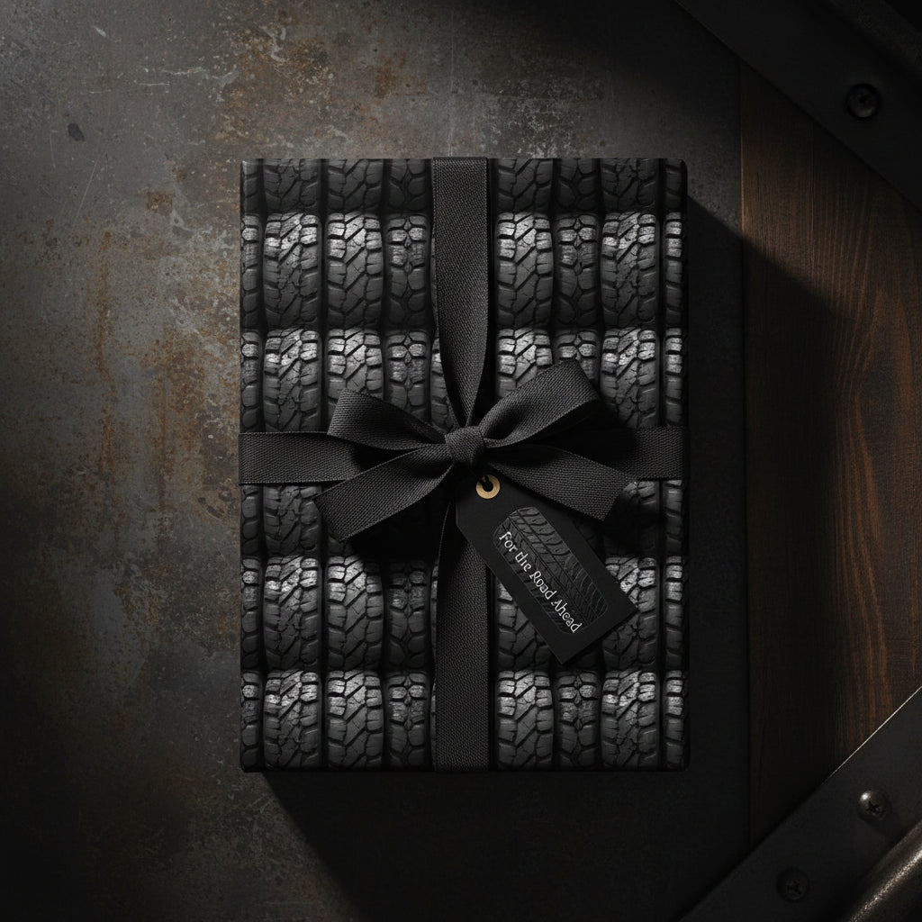 Monochrome tire tread wrapping paper on a gift box tied with a black satin ribbon bow.