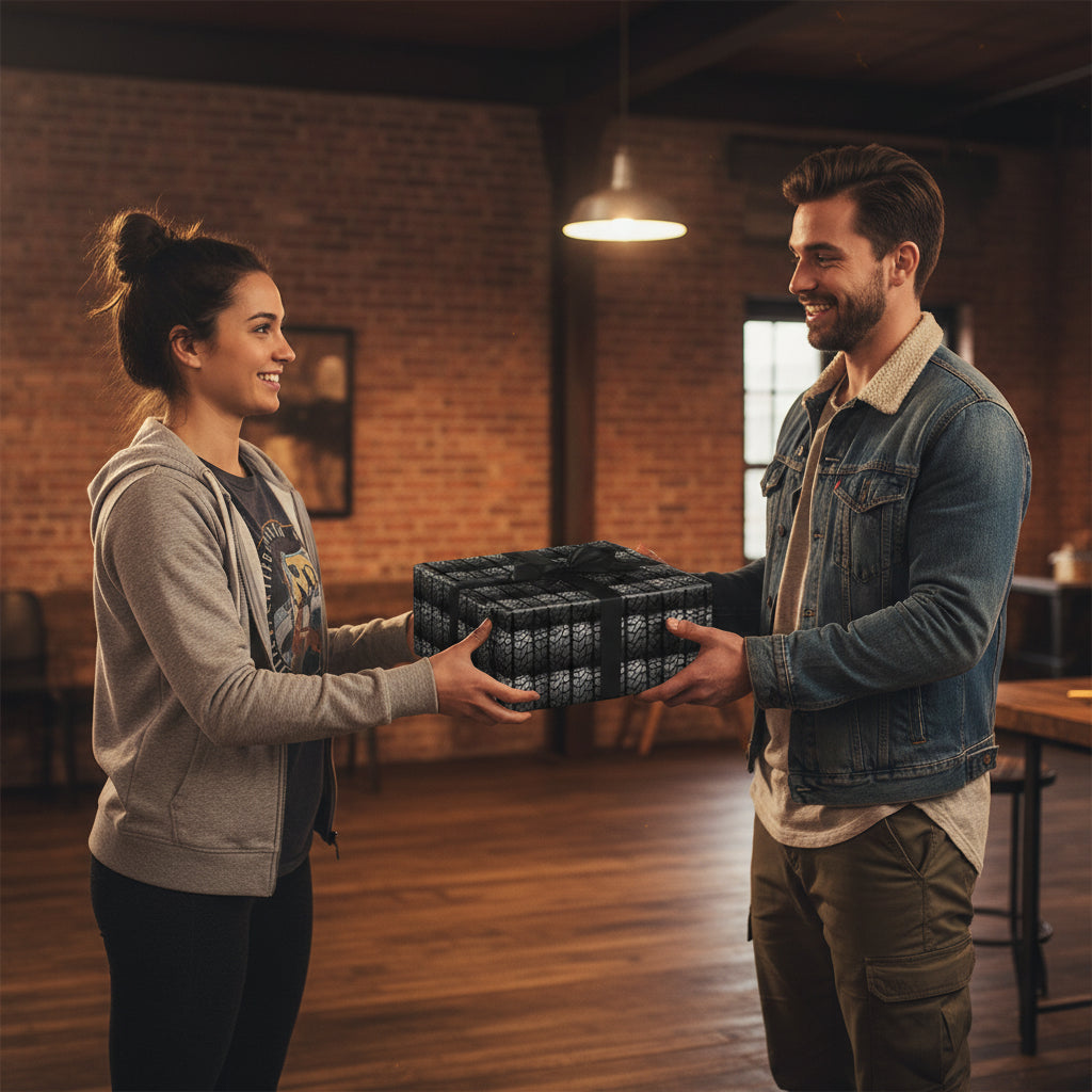 Man gives woman a gift wrapped in black tire tread patterned wrapping paper with a black ribbon.
