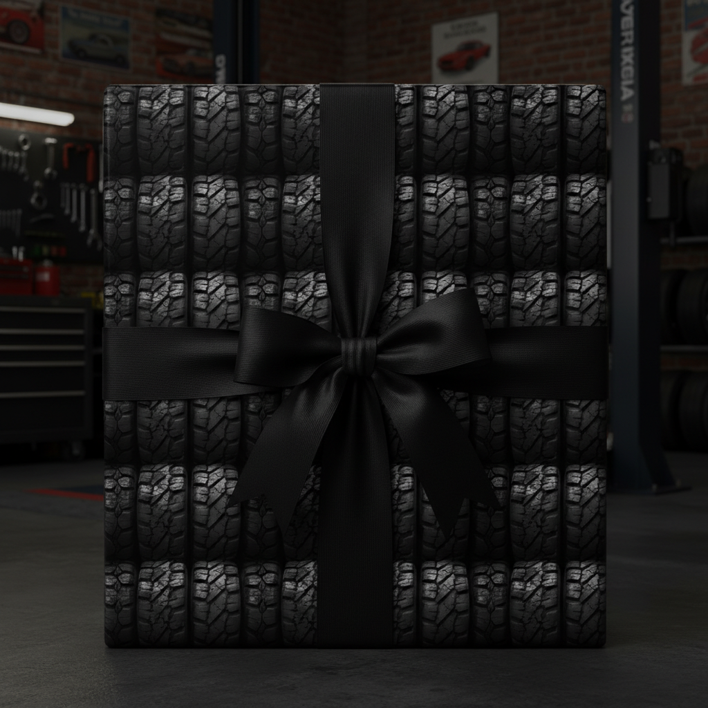 Unique automotive gift wrap: square gift box in tire tread patterned paper with elegant black ribbon bow, garage setting.