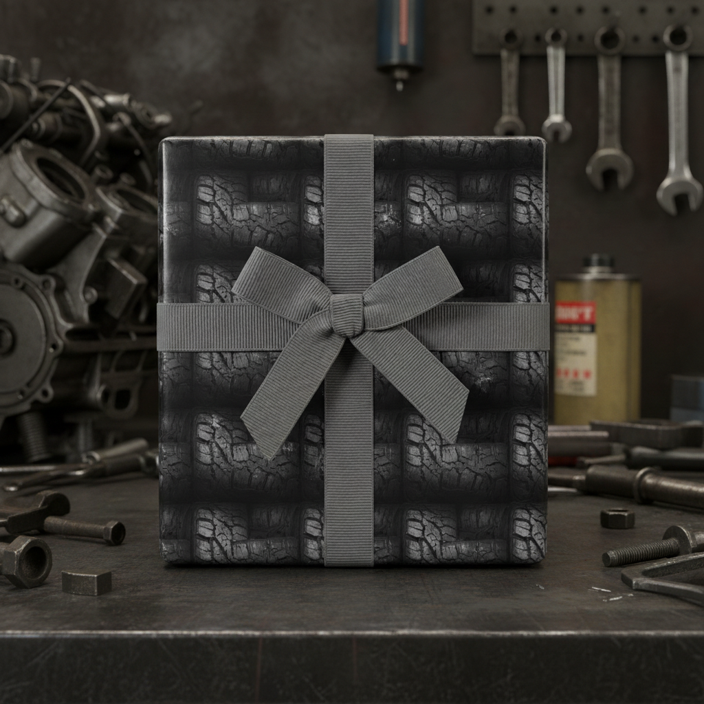 Gift wrapped in tire tread wrapping paper with gray ribbon bow, in an auto shop.