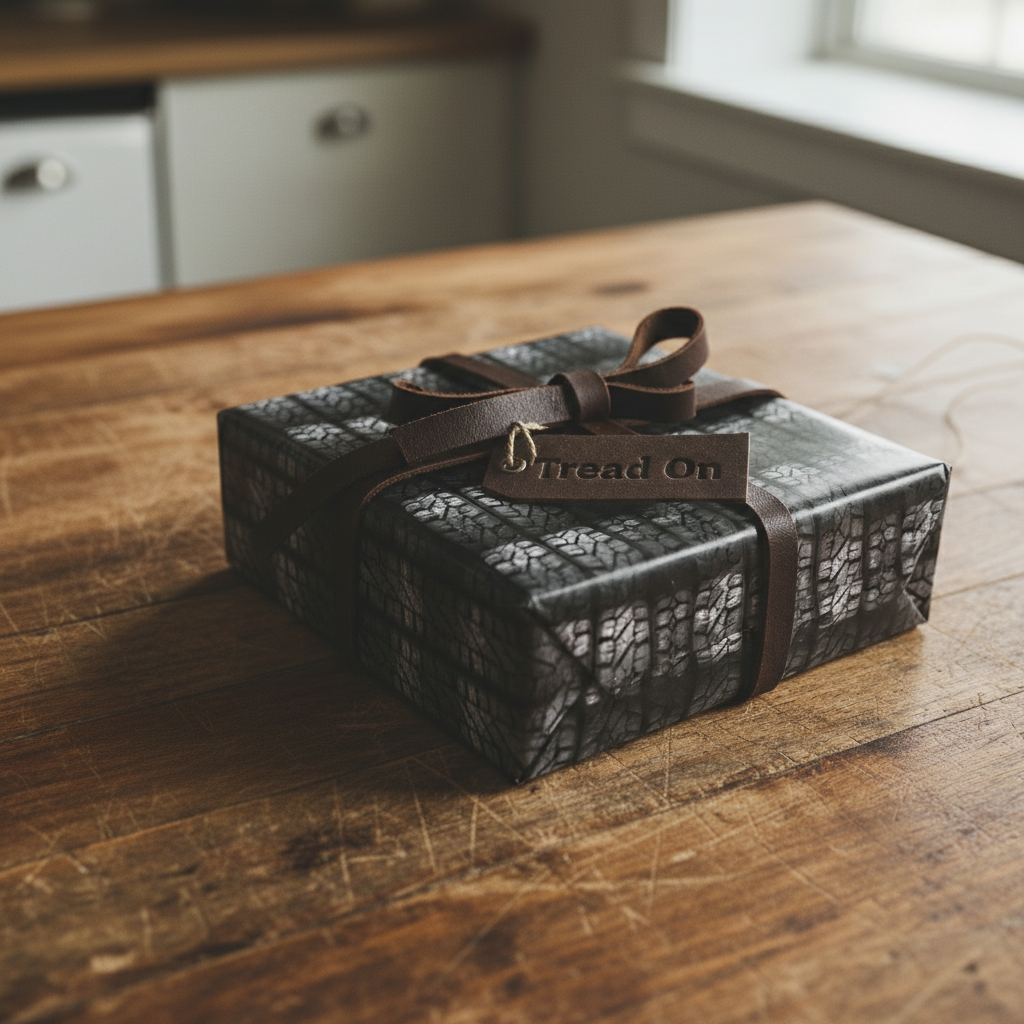 Black tire tread wrapping paper with leather ribbon and "Tread On" tag, perfect for a car enthusiast gift.
