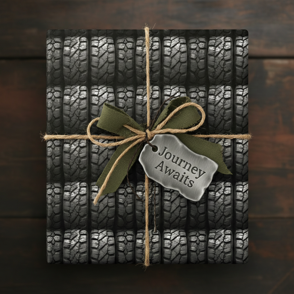 Fun wrapping paper featuring a pattern of tires, tied with jute and a green ribbon, gift tag reads "Journey Awaits."