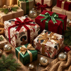 Black Santa luxury Christmas wrapping paper with velvet ribbons on gifts by Wrapped Studios.