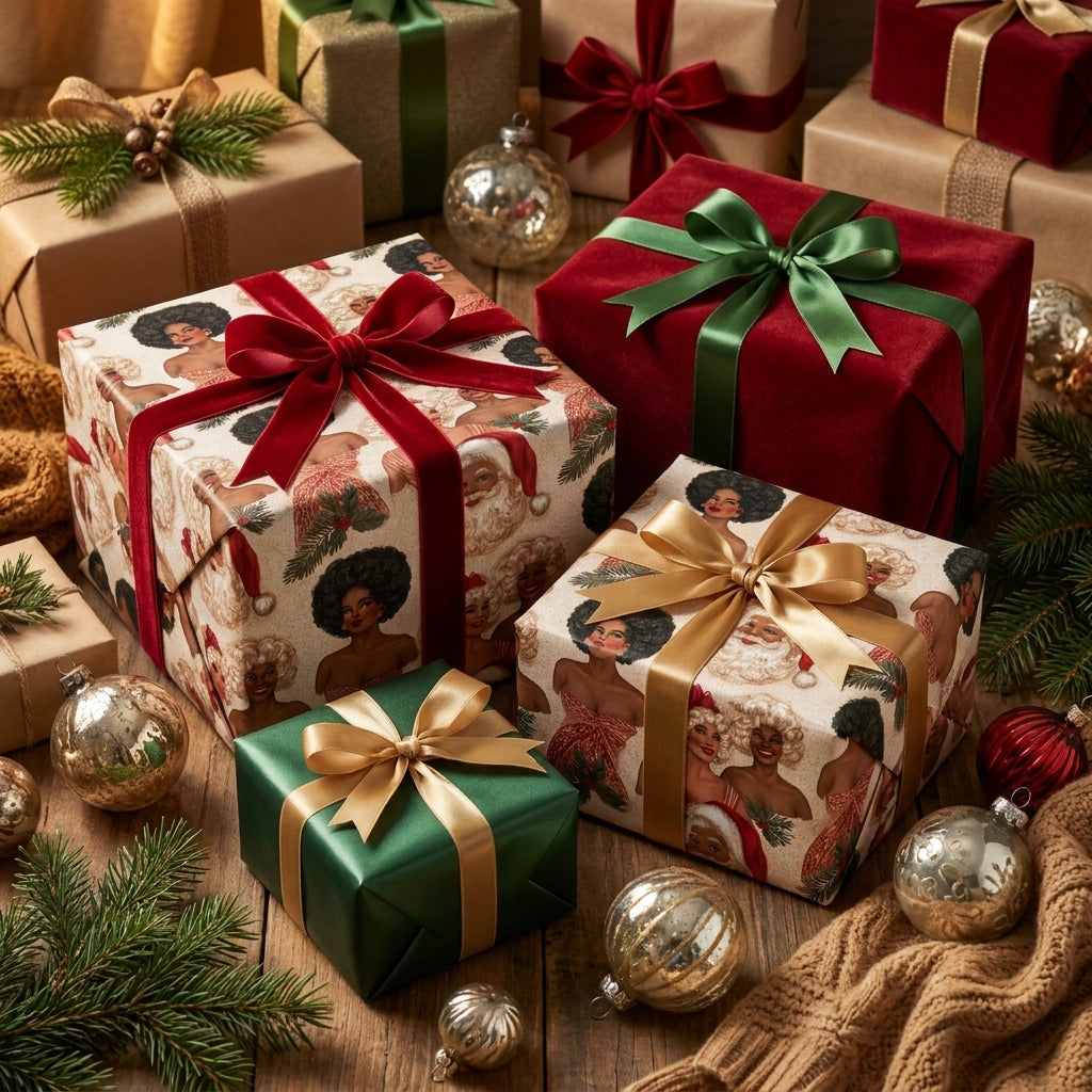 Black Santa luxury Christmas wrapping paper with velvet ribbons on gifts by Wrapped Studios.