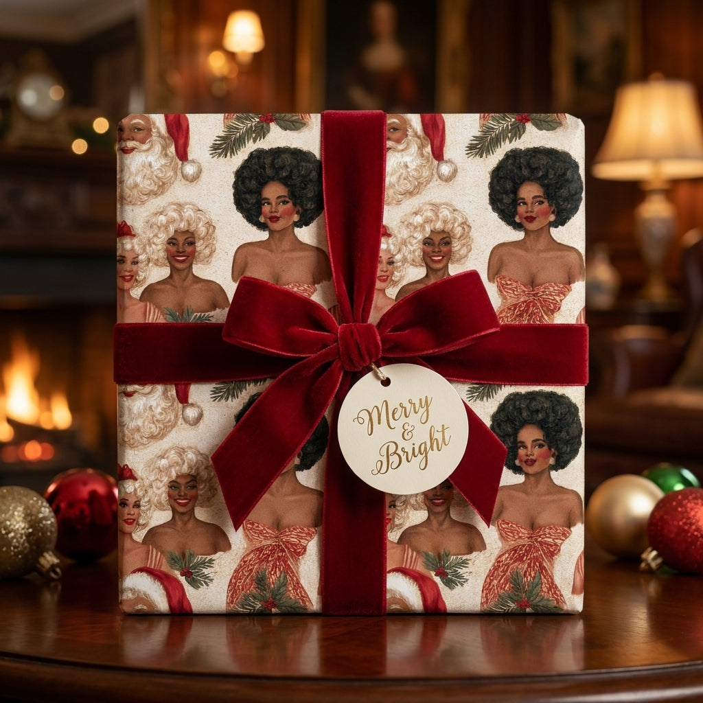 Retro Black Santa and women Christmas wrapping paper with red velvet bow by Wrapped Studios.
