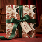 Vintage Christmas gift wrap featuring retro holiday characters and a green satin bow by Wrapped Studios.
