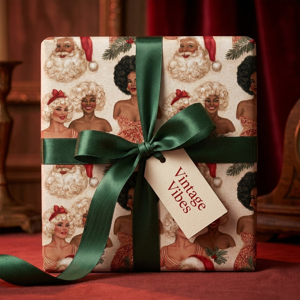 Vintage Christmas gift wrap featuring retro holiday characters and a green satin bow by Wrapped Studios.