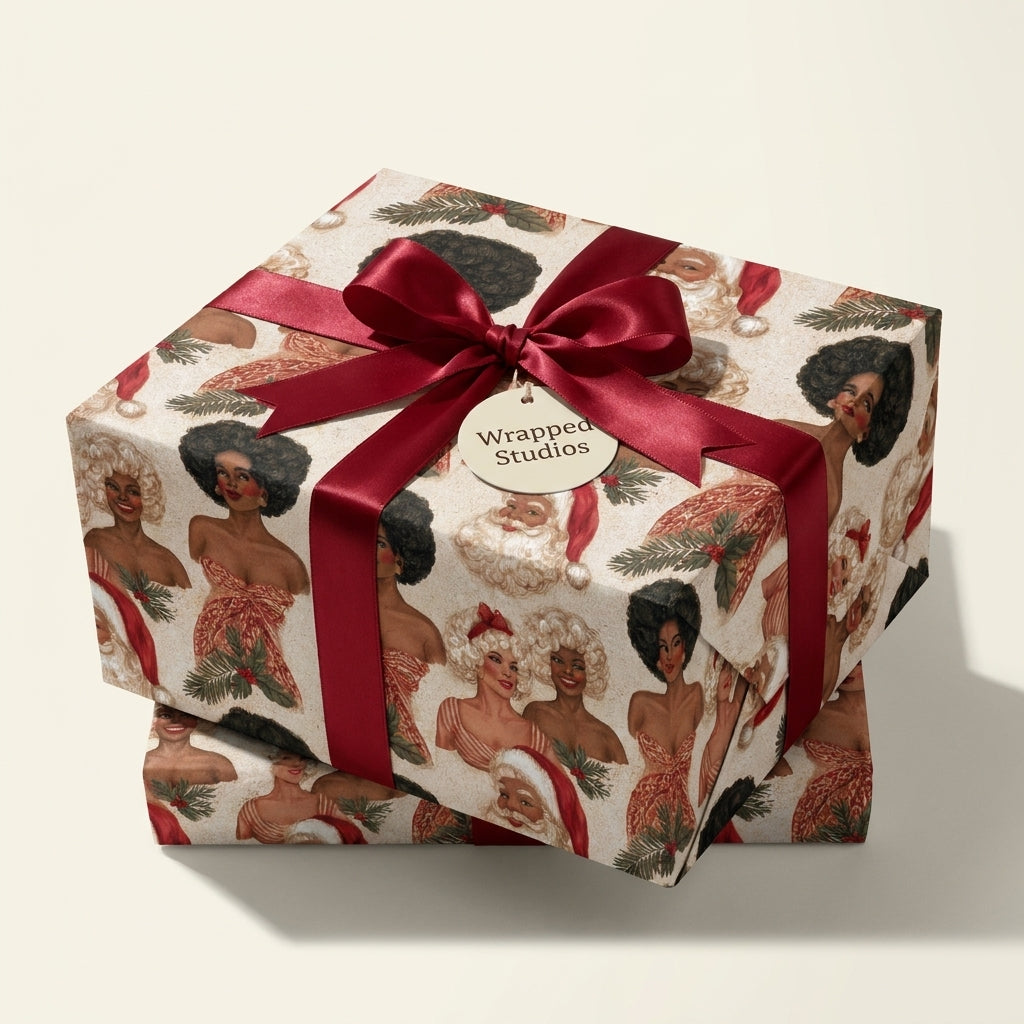 Vintage Christmas wrapping paper with retro glam holiday illustrations and red bow, by Wrapped Studios.