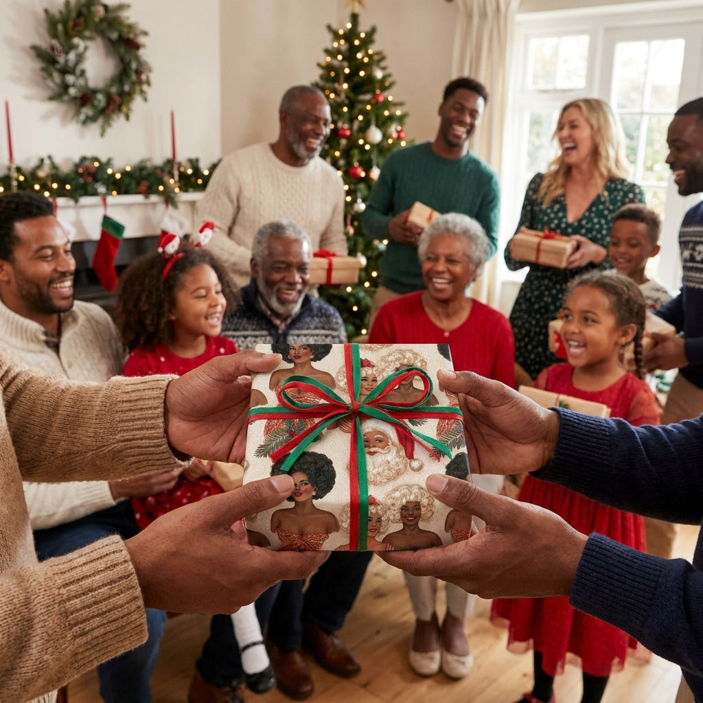 Black Santa Christmas wrapping paper by Wrapped Studios, held at an African American family holiday party.