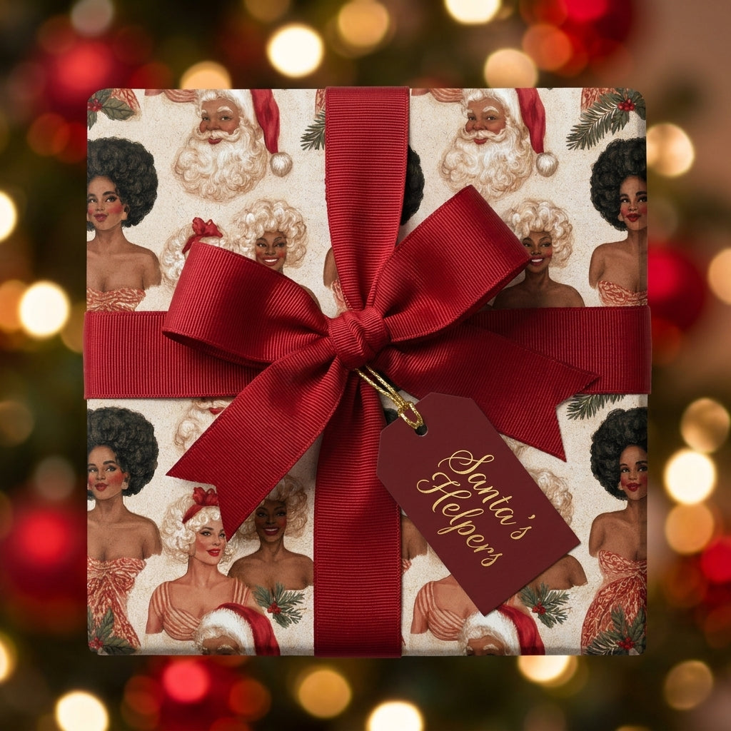 Vintage Black Santa and retro helpers Christmas wrapping paper with a red bow, by Wrapped Studios.