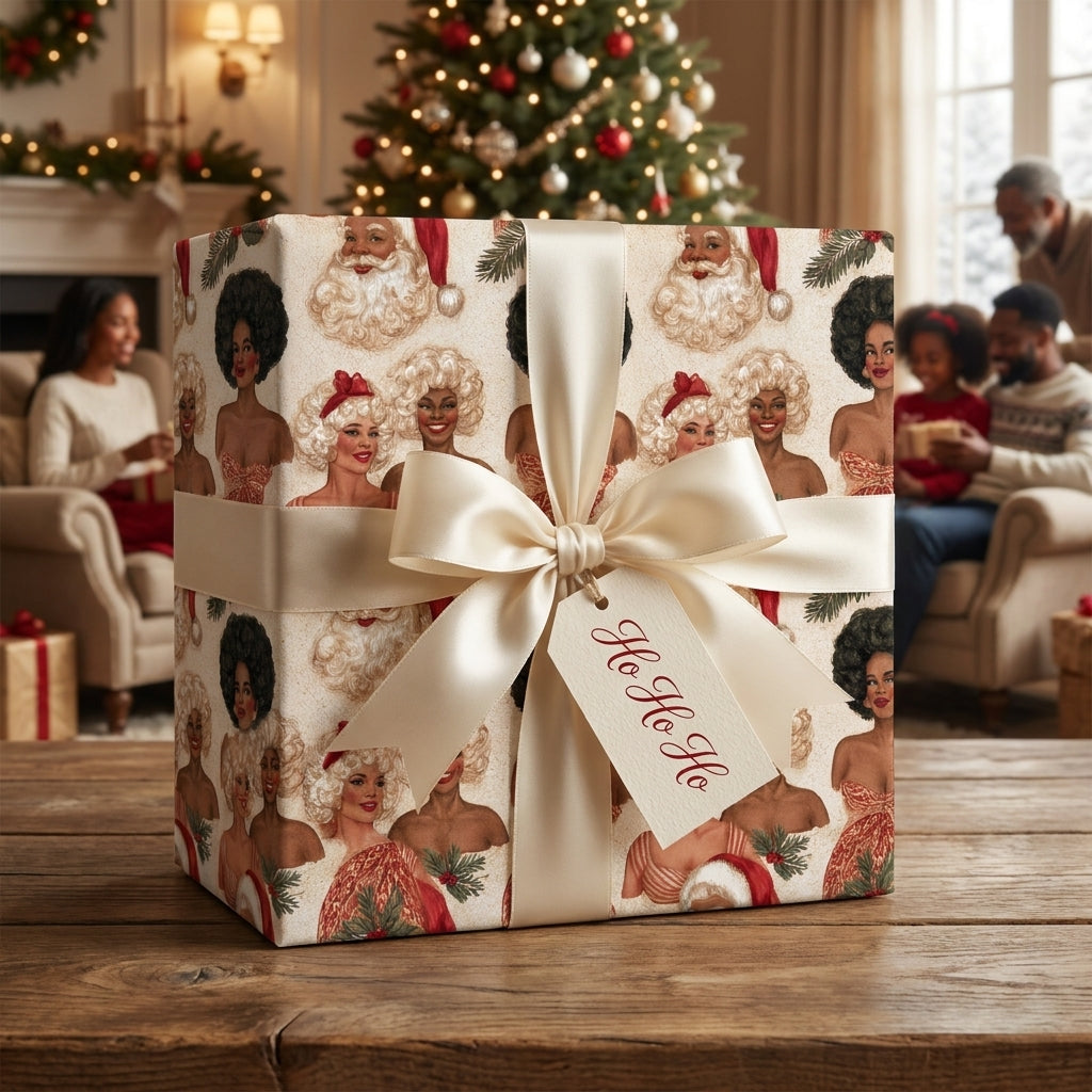 Vintage Black Santa Christmas wrapping paper with a cream satin bow by Wrapped Studios.