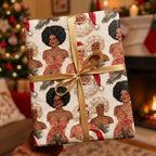 Vintage Black Christmas gift wrap with gold ribbon by Wrapped Studios in a cozy holiday setting.