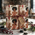 Vintage Black Santa Christmas wrapping paper from Wrapped Studios, tied with rustic twine on a holiday gift.