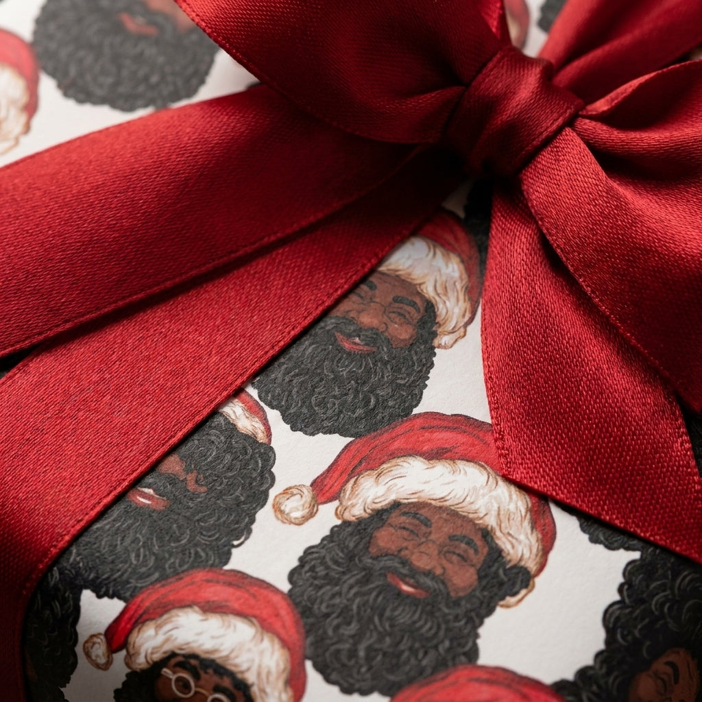 Black Santa Christmas gift wrap with a luxury red satin ribbon bow by Wrapped Studios.