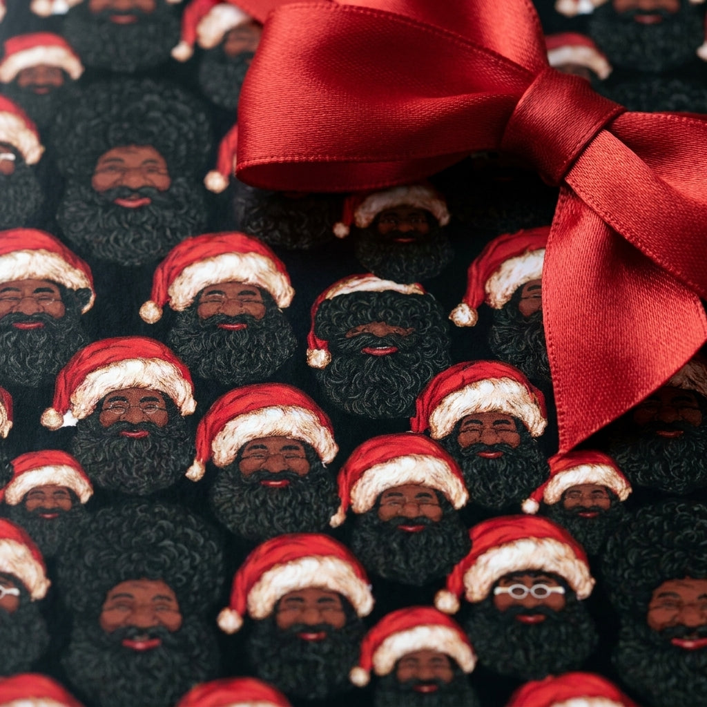 Black Santa Christmas wrapping paper with a luxury red satin bow by Wrapped Studios.