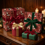 Black Santa Christmas wrapping paper with luxury velvet ribbons on holiday gifts from Wrapped Studios.