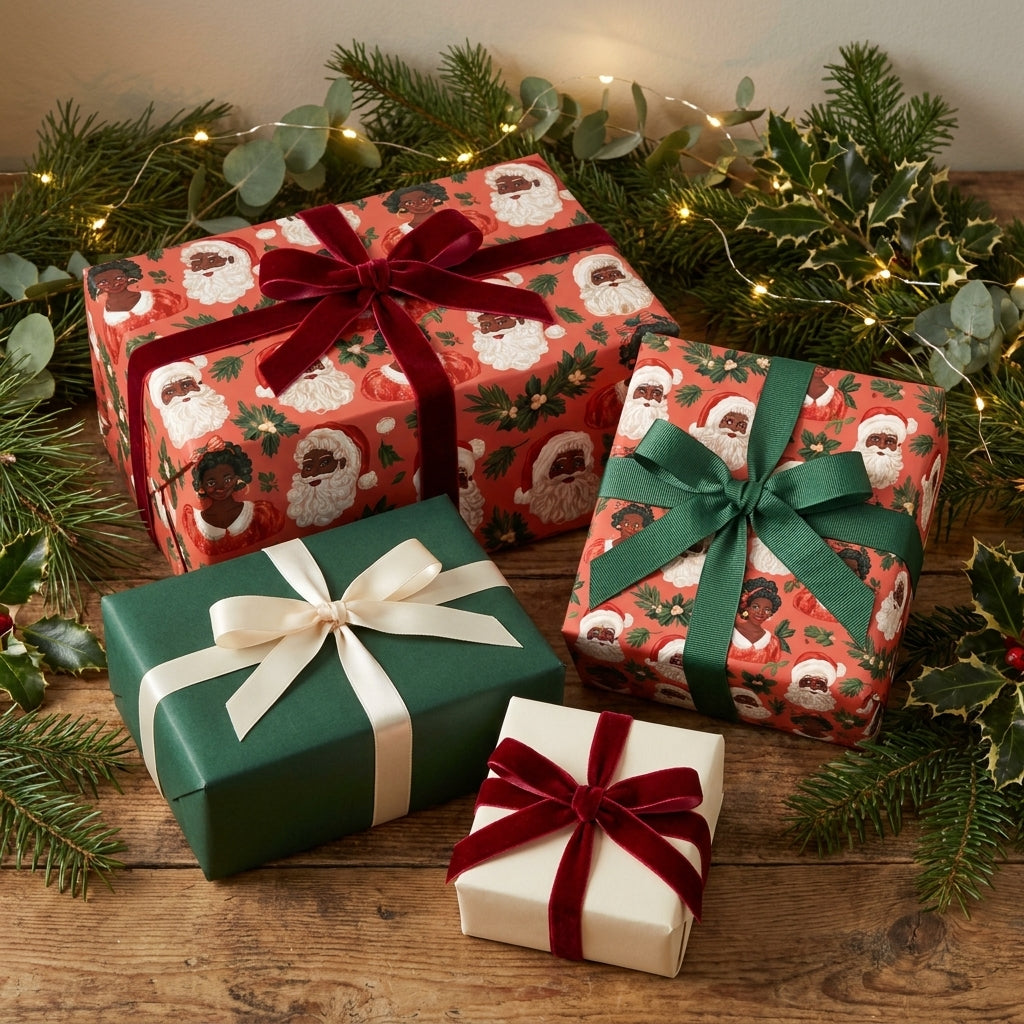 Black Santa Christmas wrapping paper and luxury holiday gift wrap on festive boxes by Wrapped Studios.