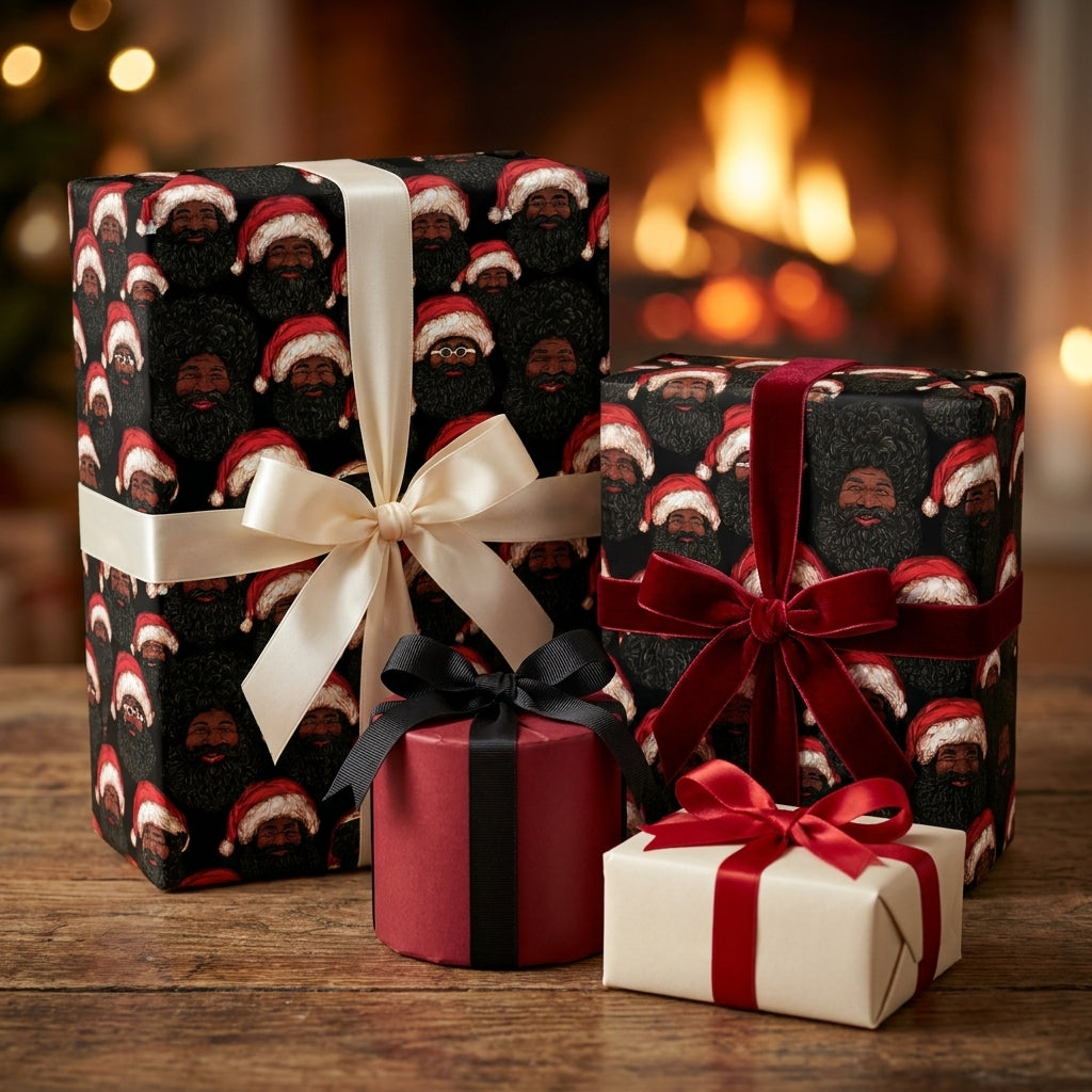 Black Santa Christmas wrapping paper on luxury holiday gifts by Wrapped Studios.