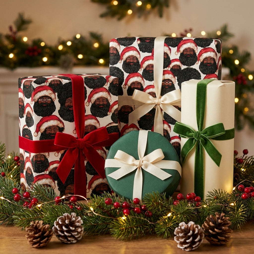 Black Santa Christmas wrapping paper with luxury velvet ribbons by Wrapped Studios.