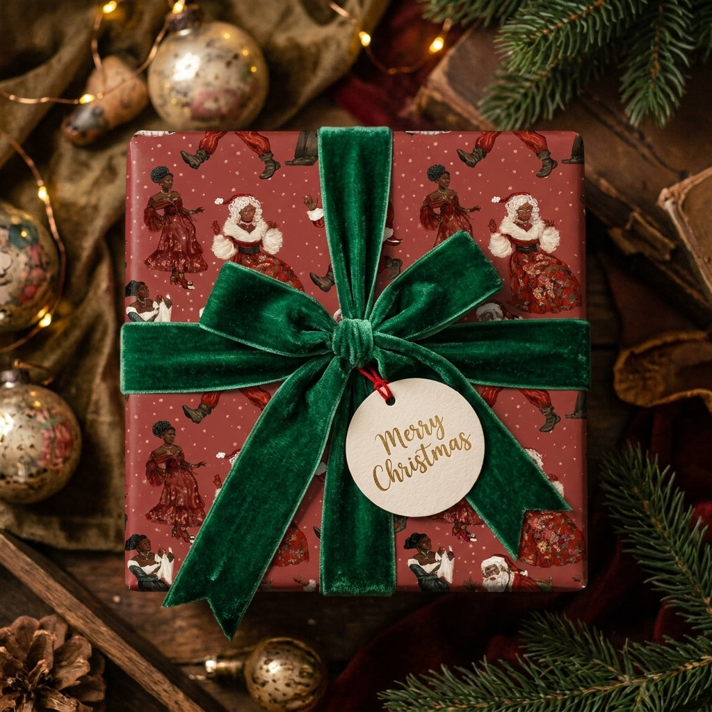 Black Santa luxury Christmas gift wrap with a green velvet bow on a holiday present by Wrapped Studios.