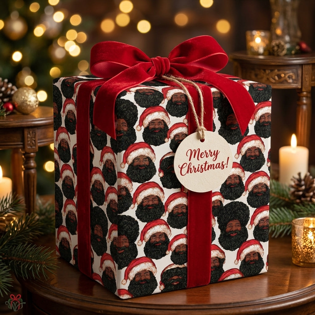 Luxury Black Santa wrapping paper with red velvet ribbon on a Christmas gift by Wrapped Studios.