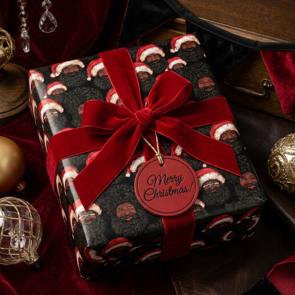 Black Santa luxury Christmas gift wrap with red velvet bow and Merry Christmas tag by Wrapped Studios.