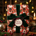 Black Santa Christmas wrapping paper with a green velvet bow by Wrapped Studios.