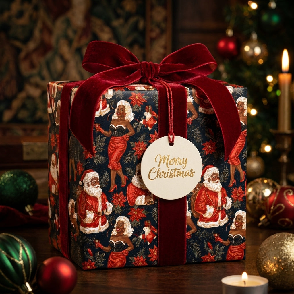 Vintage Black Santa Christmas gift wrap with luxury red velvet bow by Wrapped Studios.