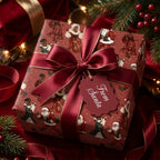 Luxury Black Santa Christmas wrapping paper with a burgundy ribbon and gift tag from Wrapped Studios.