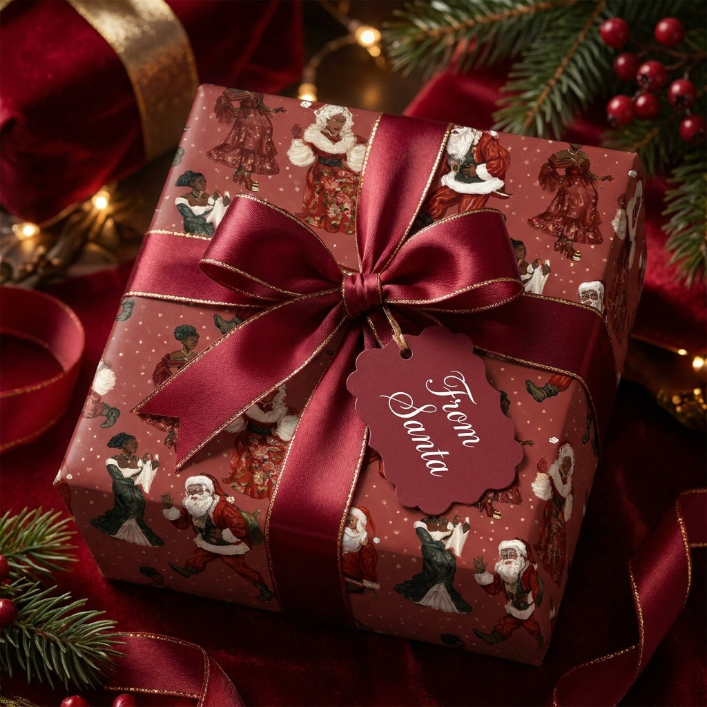 Luxury Black Santa Christmas wrapping paper with a burgundy ribbon and gift tag from Wrapped Studios.